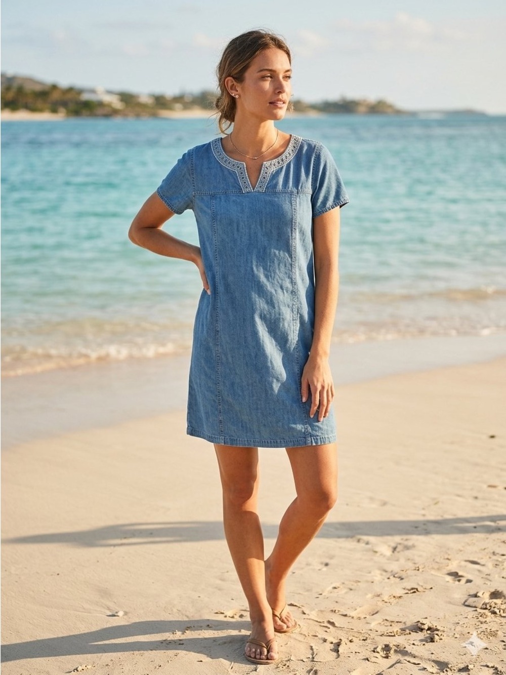 Chambray Embroidered neckline Dress